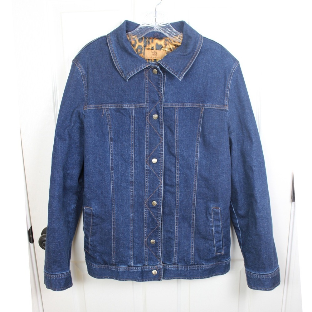 Dana Buchman Denim Jacket Dark Wash Leopard Print Quilted Lining Blue Womens‎ M
